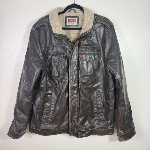 Levis Strauss Other - Levi's Men's Sherpa Lined Faux Leather Distressed Brown Aviator Bomber jacket